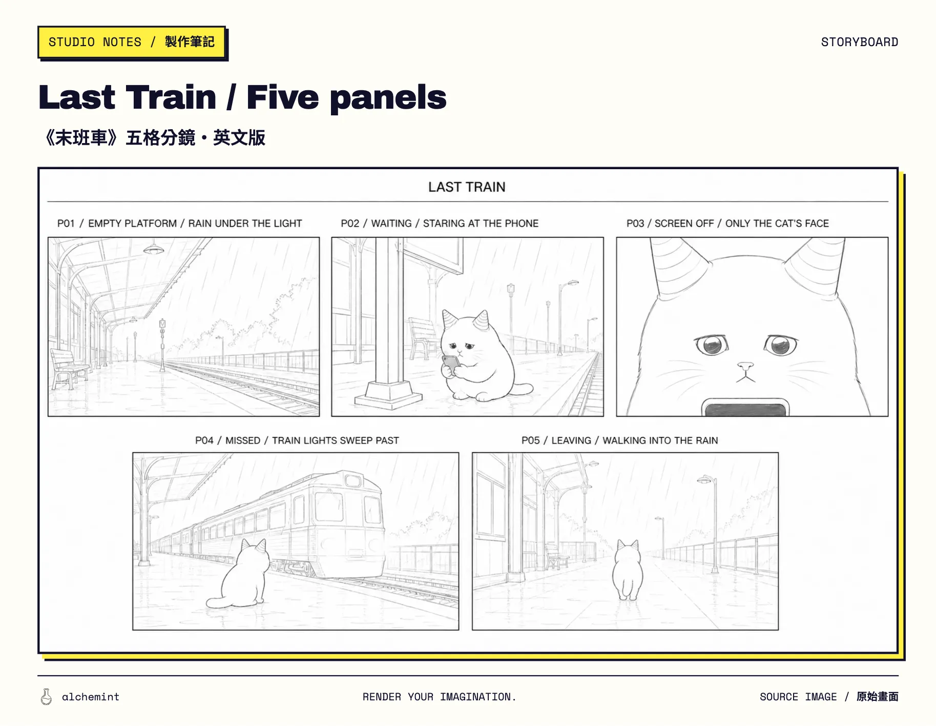 Five storyboard panels for a rainy night at the station: an empty platform under the lamps, the cat crouched by the sign staring at a phone, a close-up of its face after the screen goes dark, the last train sweeping past, and the cat walking away into the rain