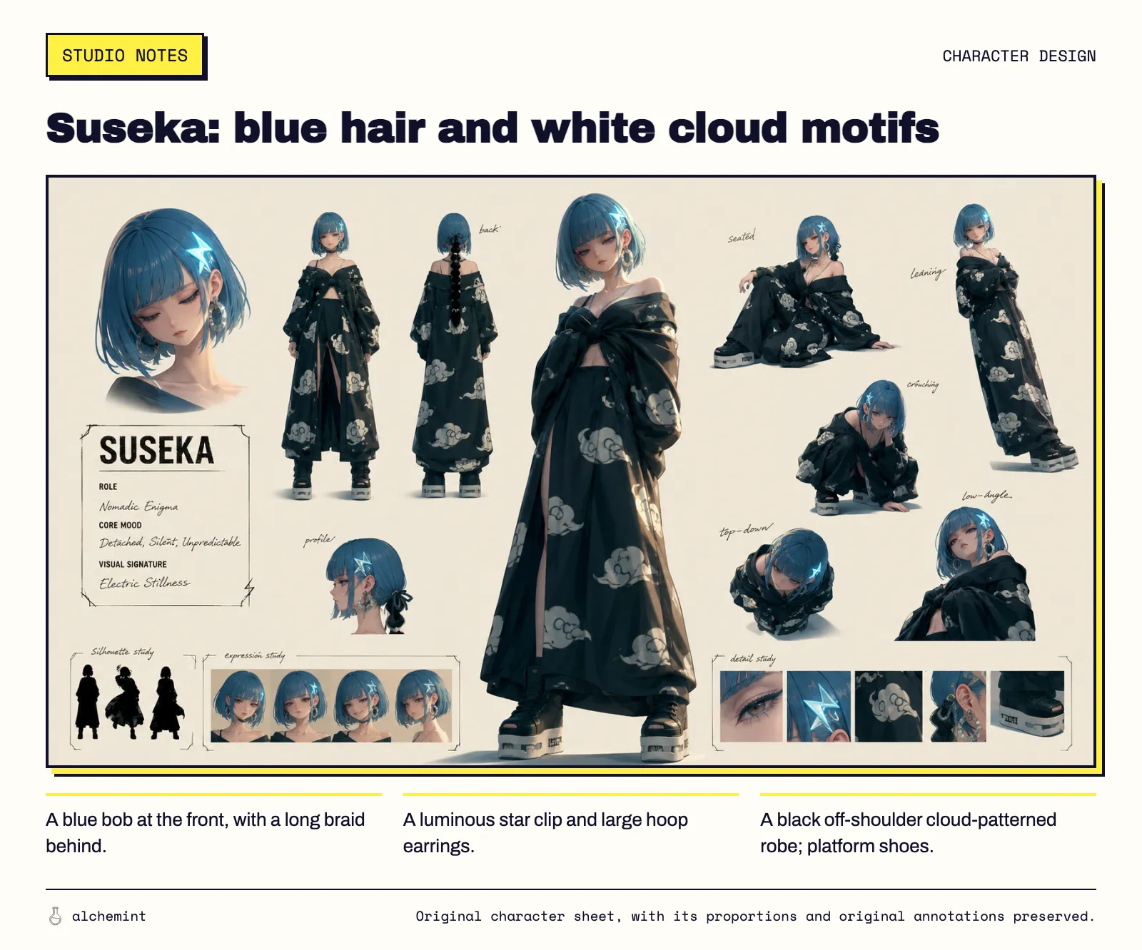 Suseka’s original design shows a blue bob and luminous star clip at the front, a long braid behind, hoop earrings and a black robe with white cloud motifs.