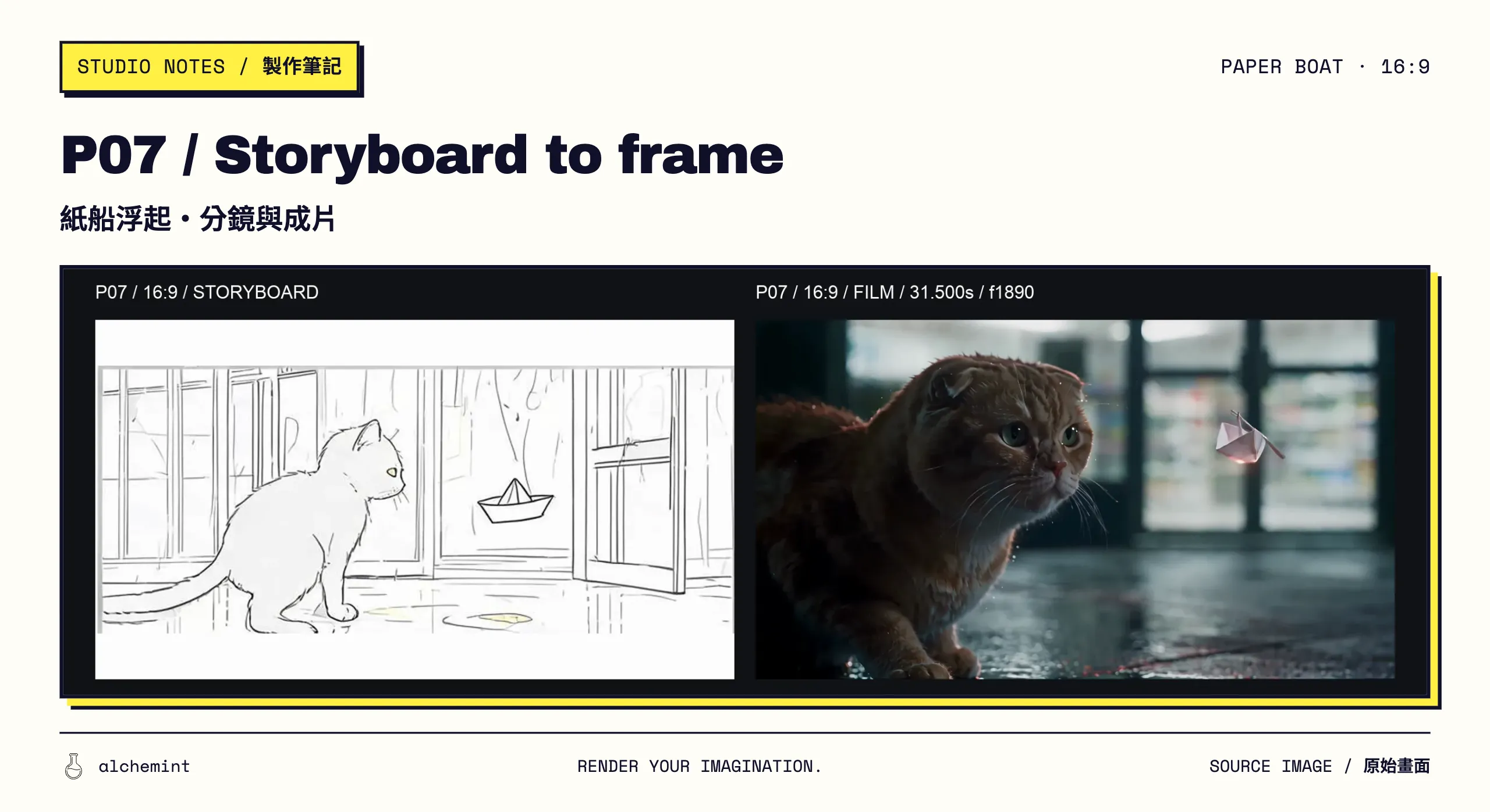 P07 16:9 comparison: storyboard on the left and final-film frame at 31.500 seconds on the right; the boat rises as the cat follows with its head.