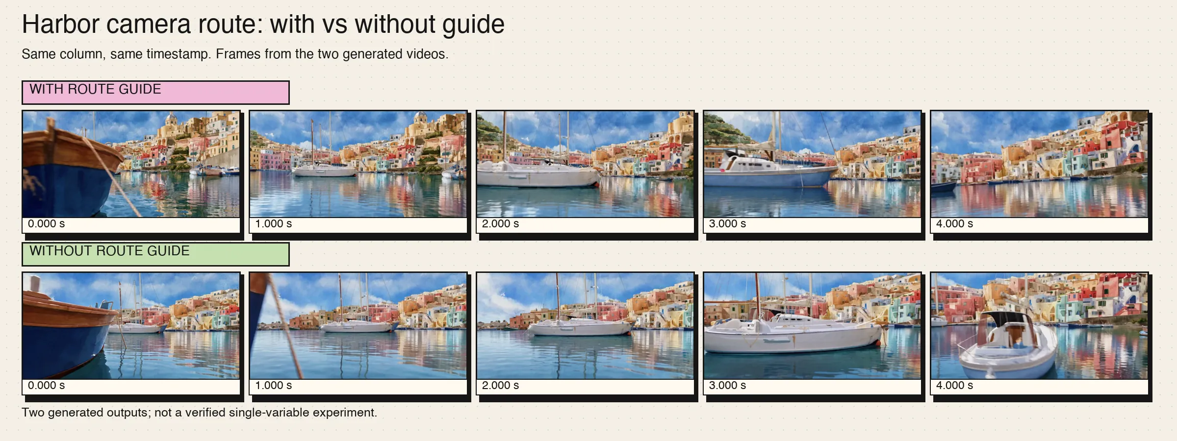 Harbor camera 0–4 seconds: one frame per second, guide above and no guide below.