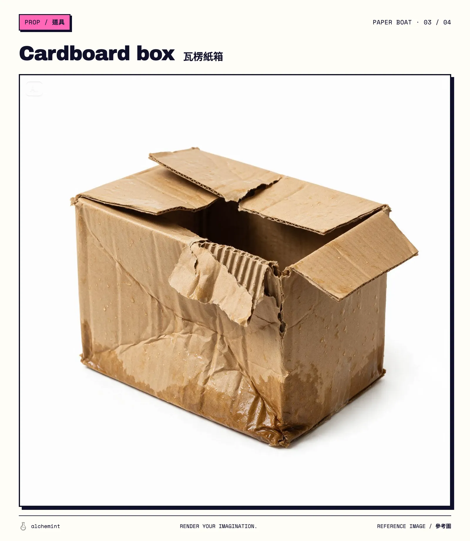 Damaged corrugated box with open flaps, torn corners, and a partially collapsed side. Presented in an Alchemint reference-image poster.