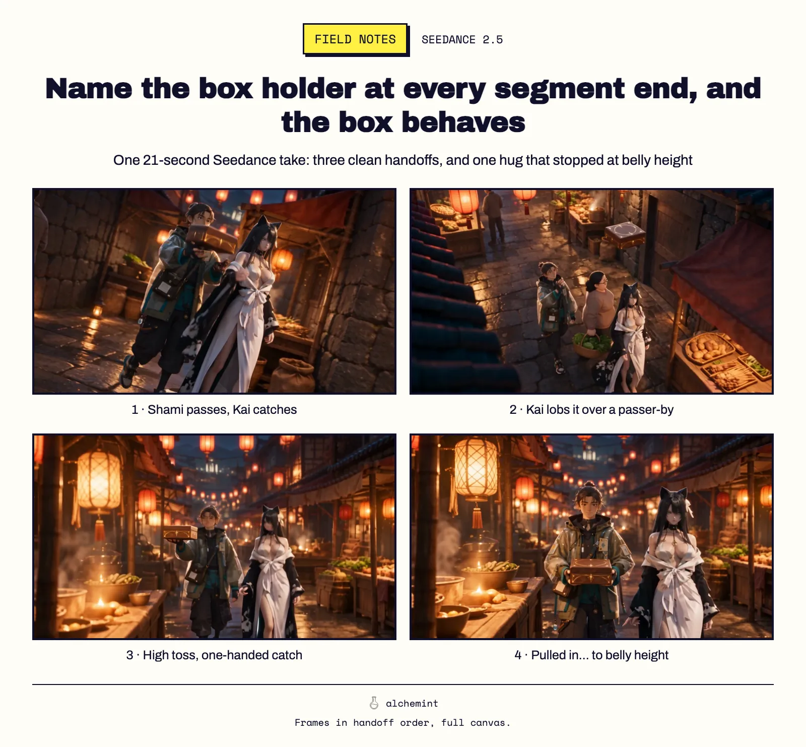 Name the box holder at every segment end, and the box behaves. One 21-second Seedance take: three clean handoffs, and one hug that stopped at belly height.