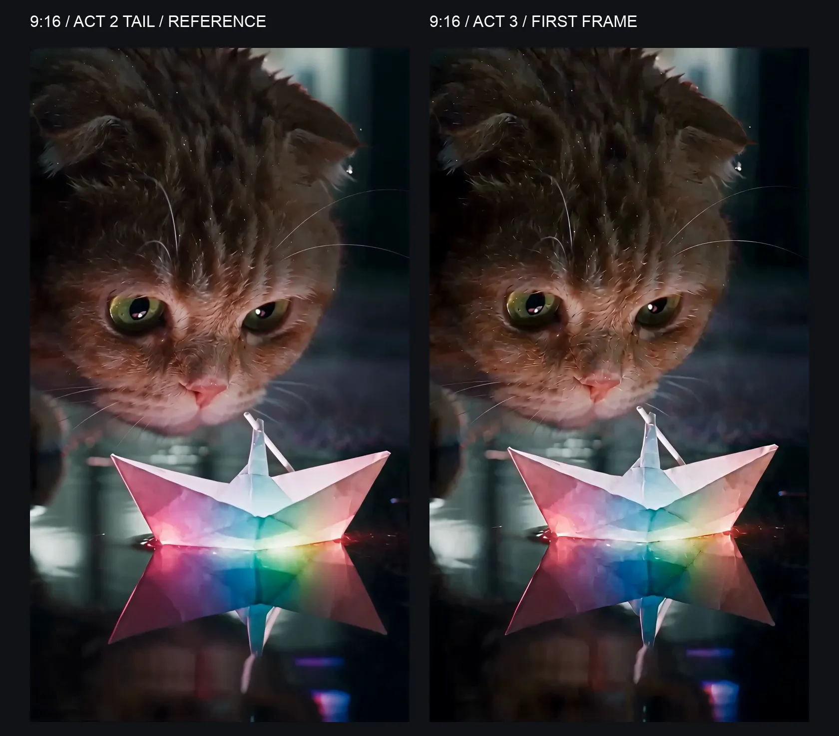 9:16 generation handoff: Act 2 tail frame and first-frame reference on the left, first decoded Act 3 frame on the right; eye, boat and reflection details shift.