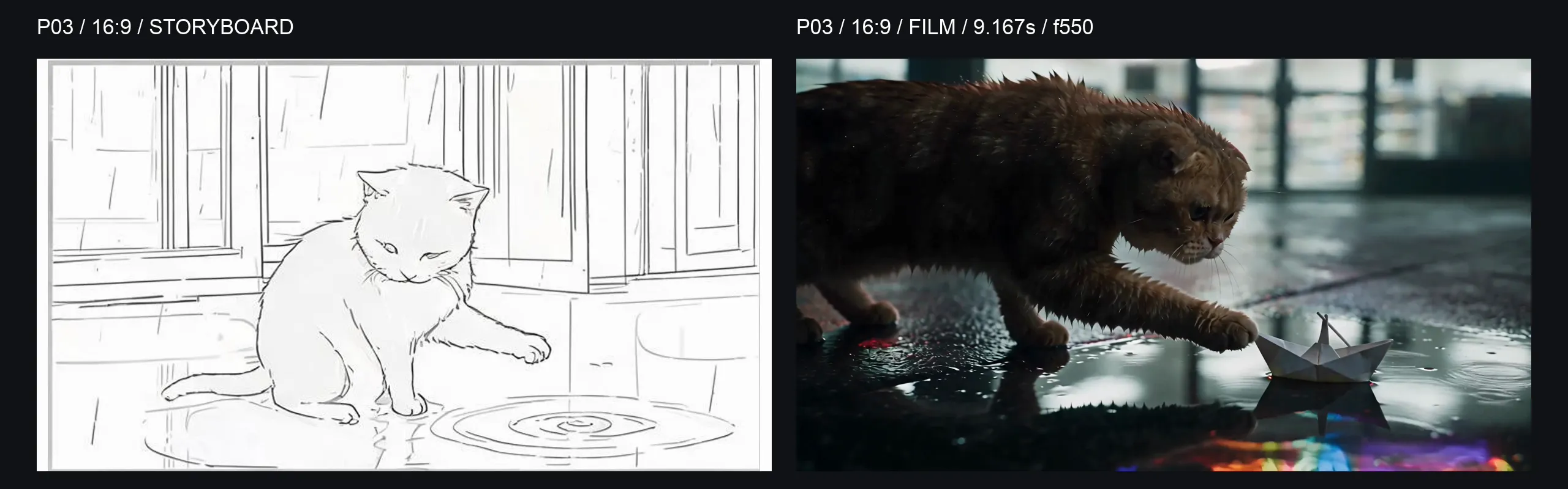 P03 16:9 side-by-side comparison: storyboard on the left and the final-film frame at 9.167 seconds on the right; the cat lowers its body and reaches toward the boat.