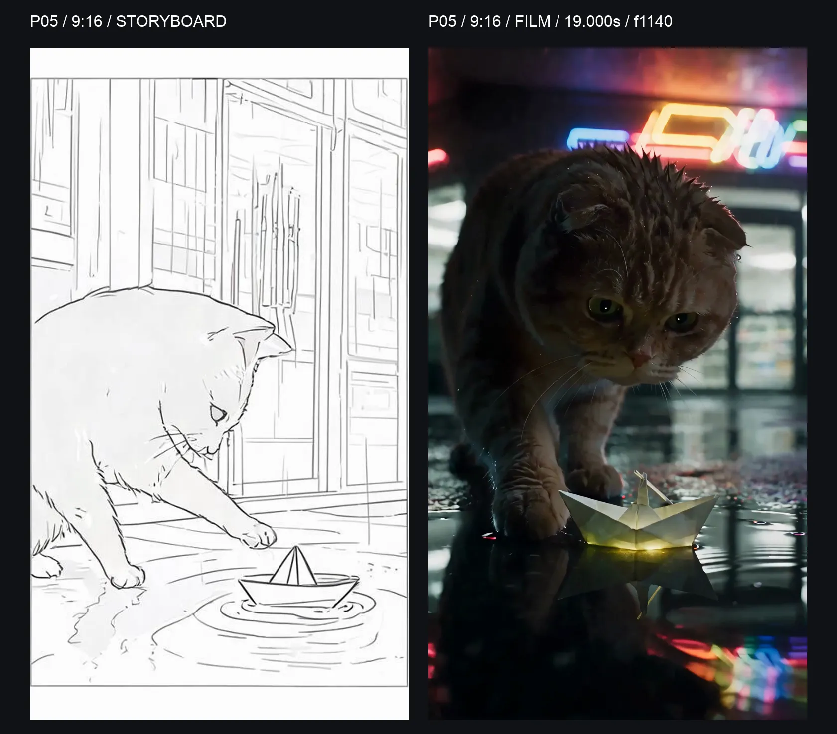 P05 9:16 comparison: storyboard on the left and final-film frame at 19.000 seconds on the right; face, paw and boat share the central axis.