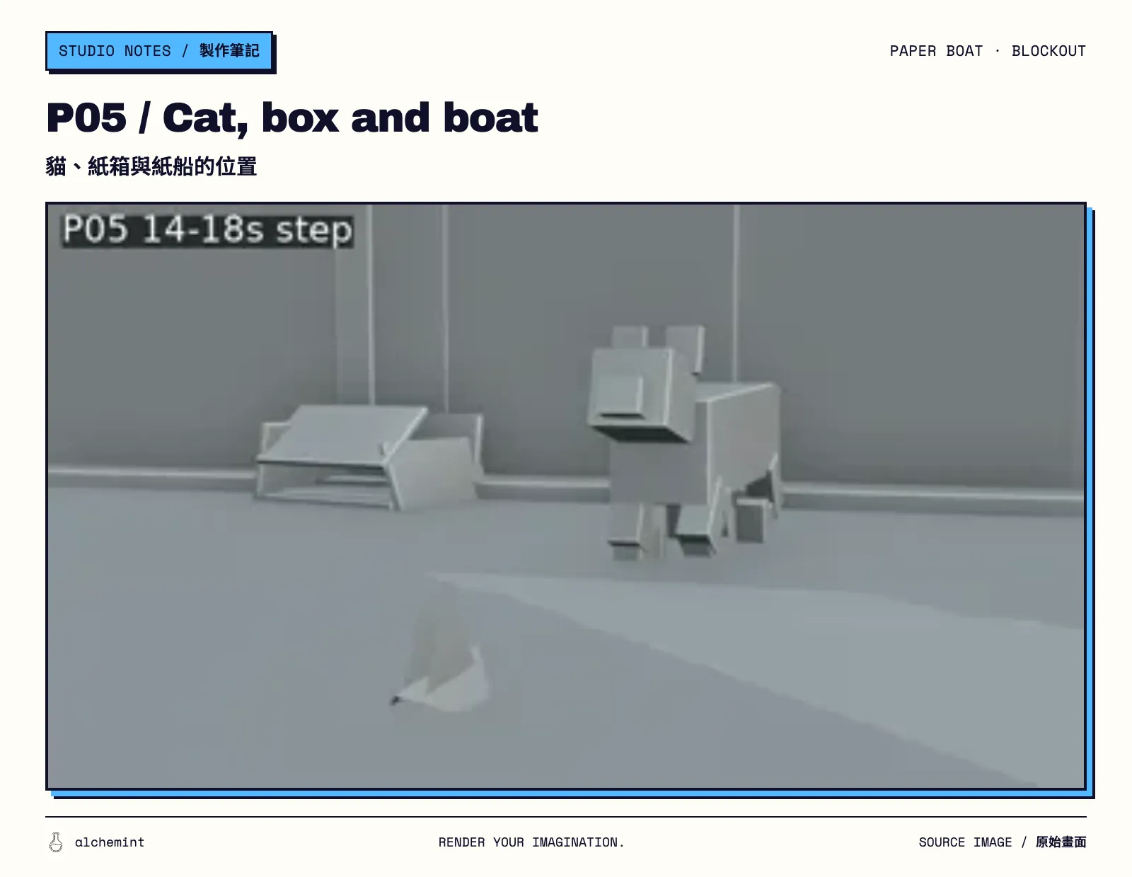 P05 Blender previz: medium view of the cat, box and paper boat.