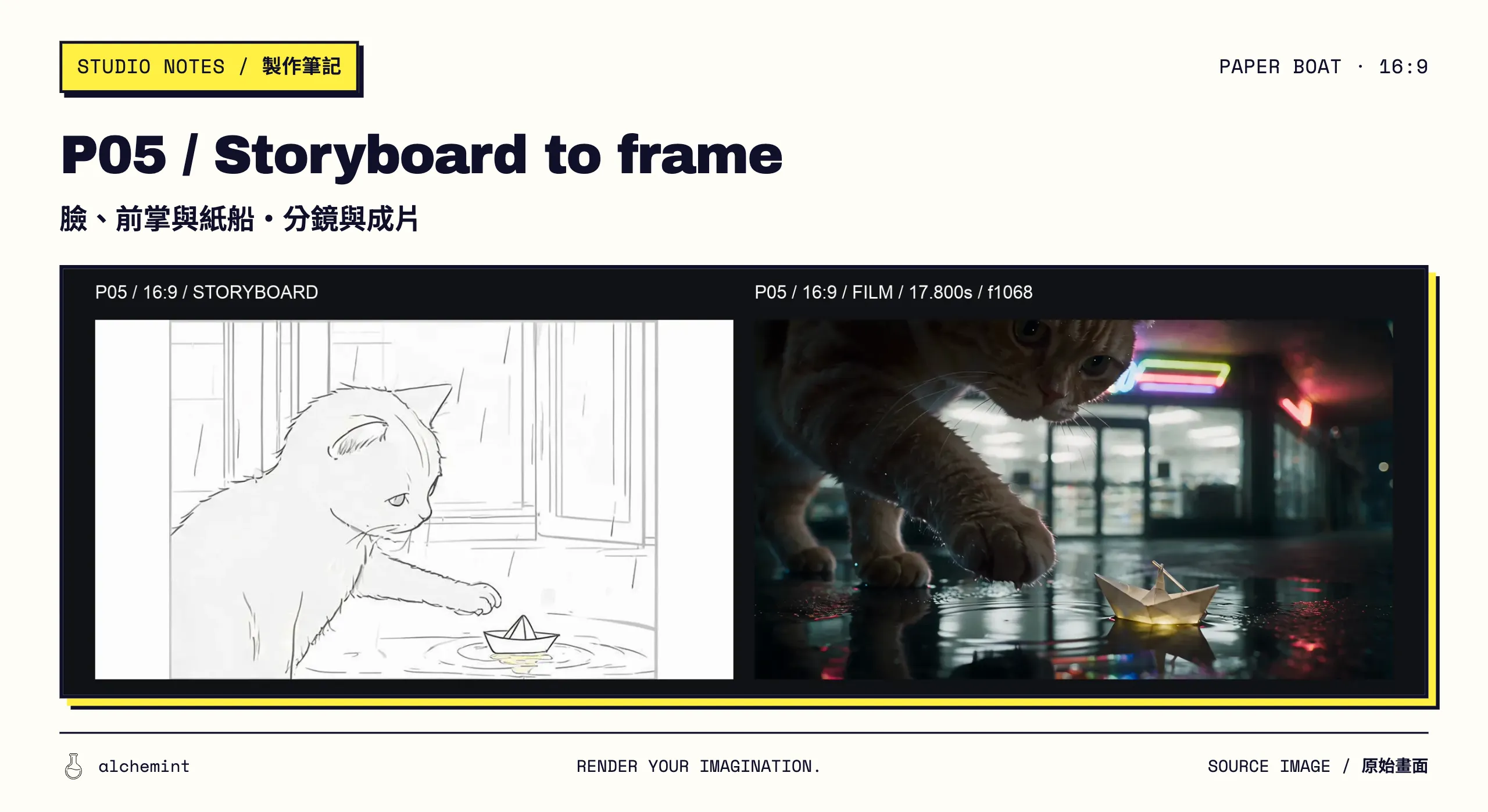 P05 16:9 comparison: storyboard on the left and final-film frame at 17.800 seconds on the right; the cat’s face and paw approach the glowing boat.