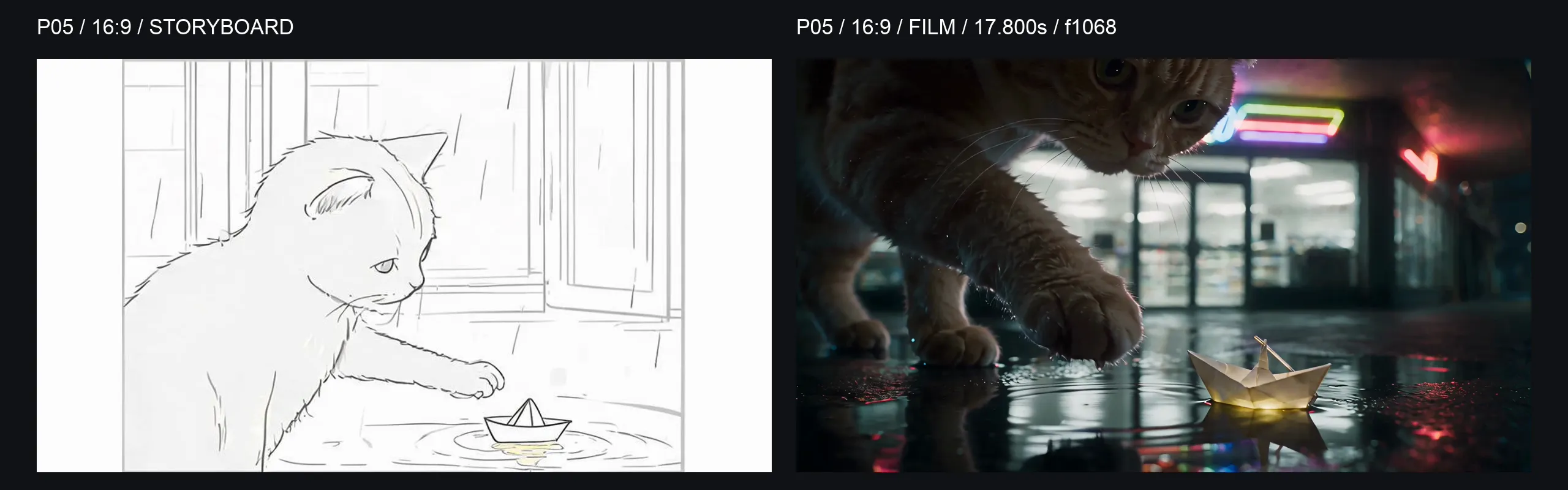 P05 16:9 comparison: storyboard on the left and final-film frame at 17.800 seconds on the right; the cat’s face and paw approach the glowing boat.