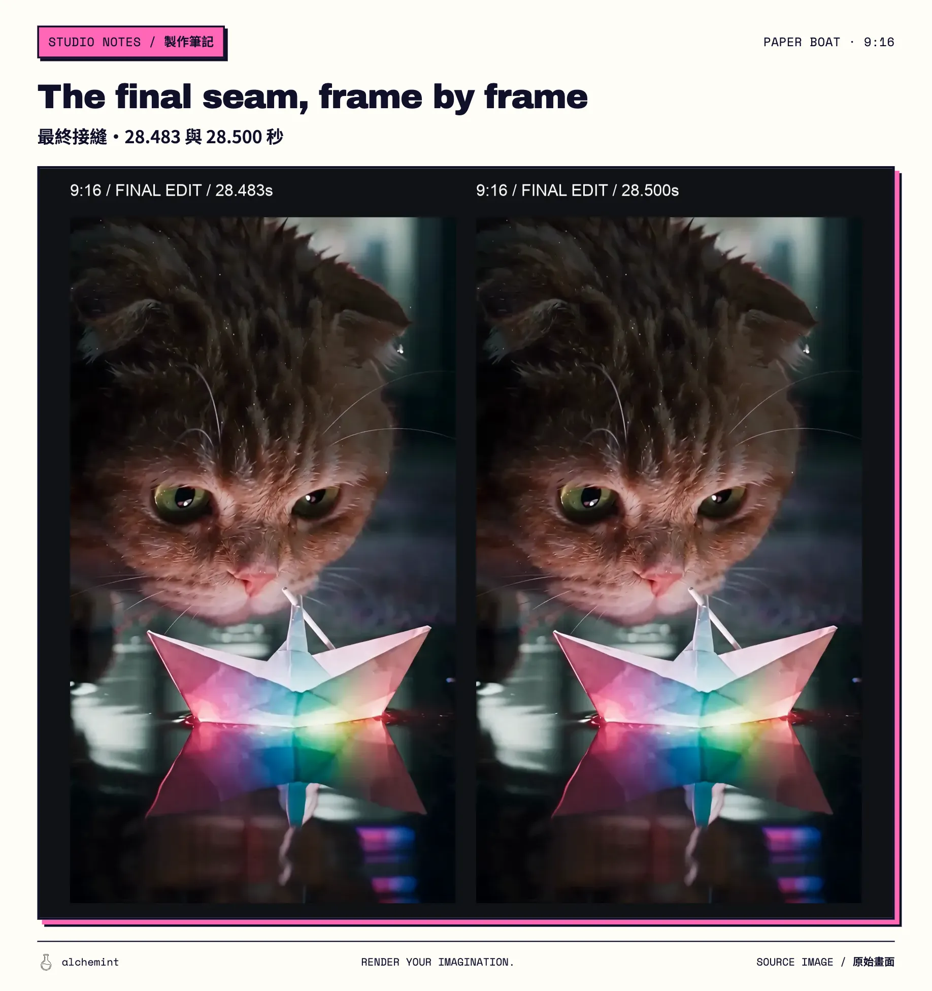 9:16 final seam comparison: frame at 28.483 seconds on the left and 28.500 seconds on the right; position and reflections change slightly.