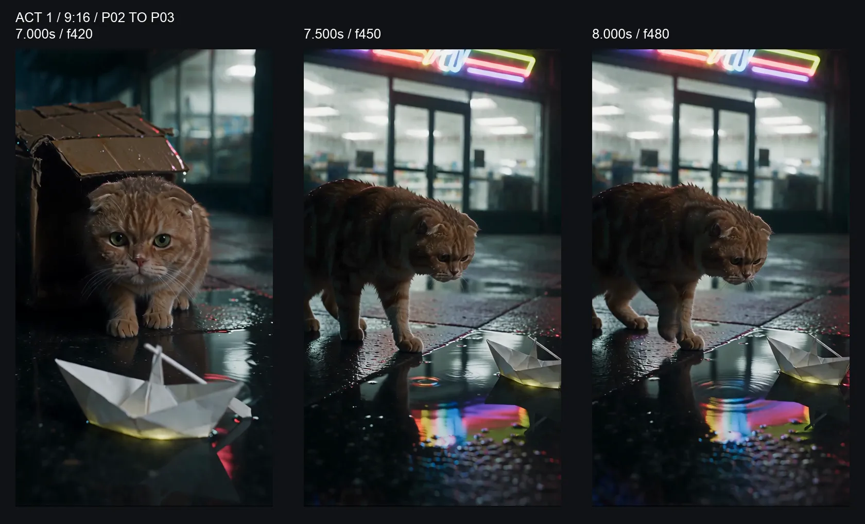 9:16 Act 1 strip at 7.000, 7.500 and 8.000 seconds; P02’s cat-and-boat relationship continues as P03 begins.