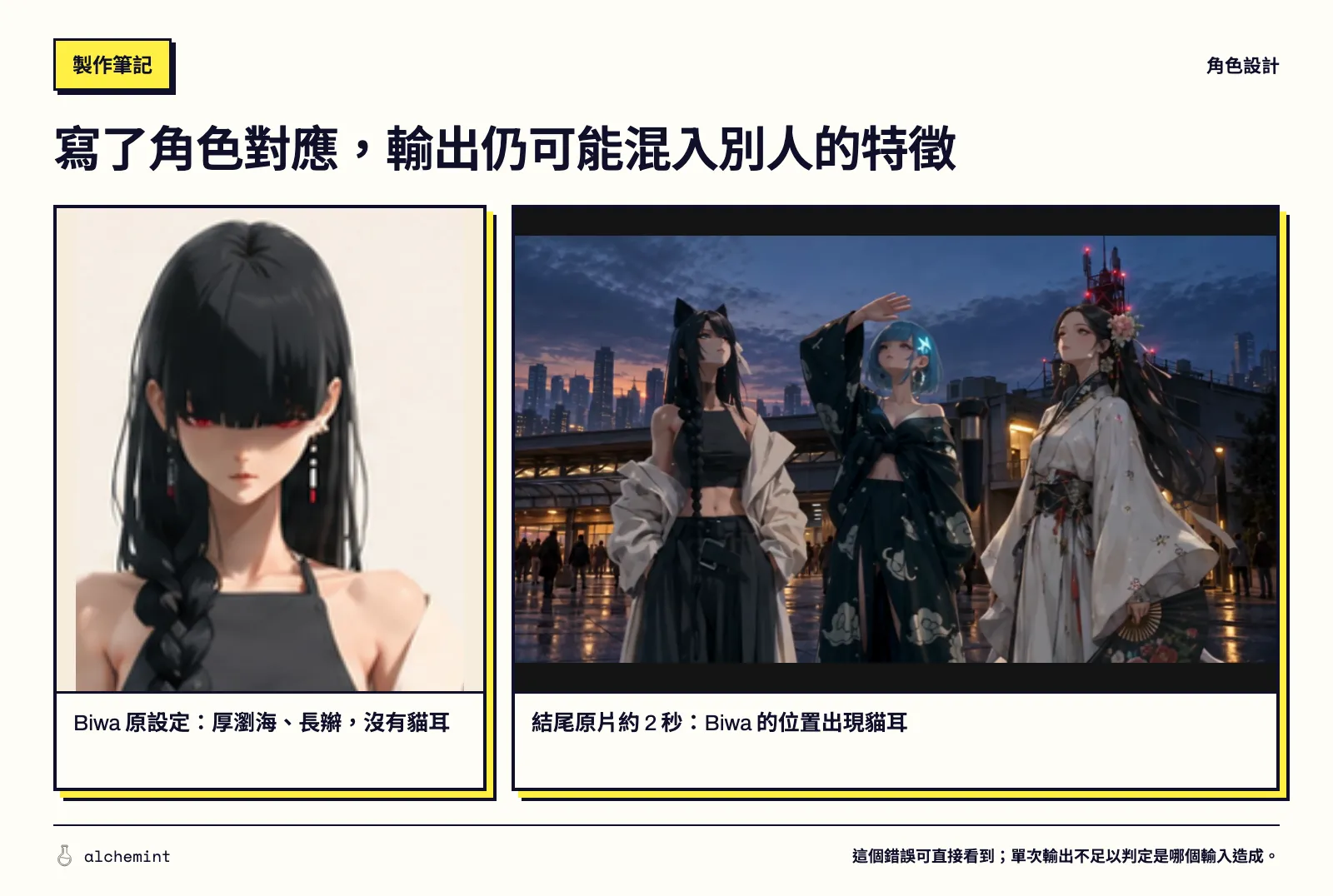 Biwa 原設定與結尾原片對照：原設定是厚瀏海與長辮，生成畫面左側角色卻多出貓耳。