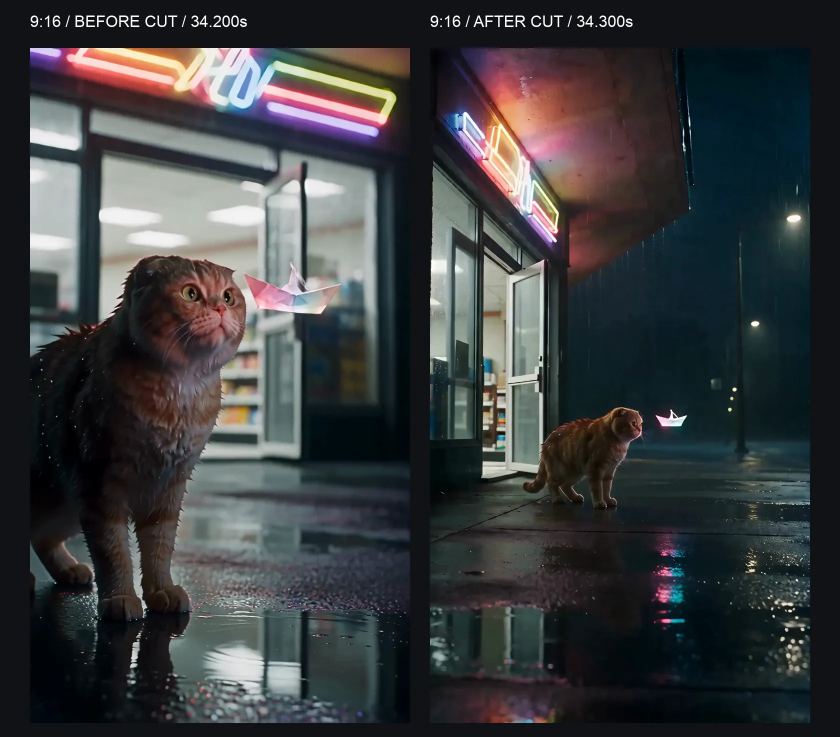 9:16 Mobile Act 3 cut comparison: 34.200 seconds shows the standing cat, open door and boat; 34.300 seconds cuts wider into the street.