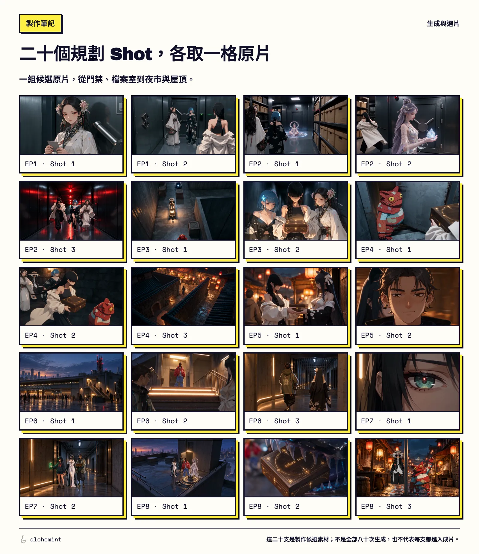 二十個規劃 Shot 的生成原片各取一格，依入口、檔案室、貨道、地道、夜市到屋頂排列。