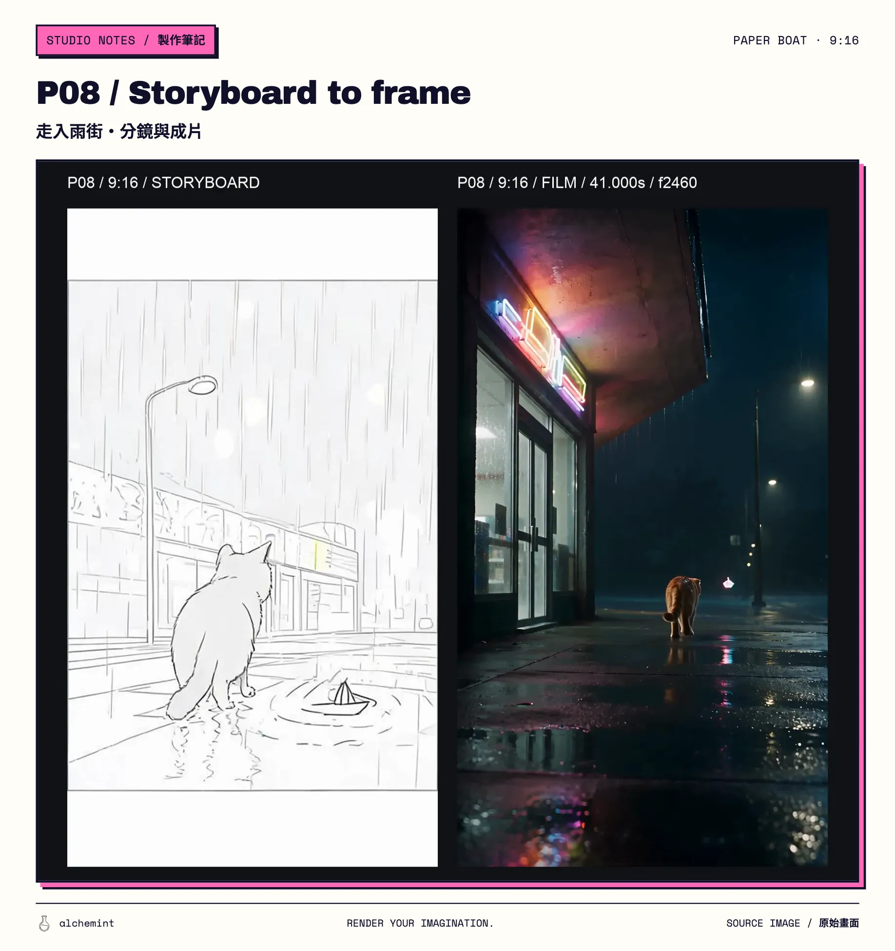 P08 9:16 comparison: storyboard on the left and final-film frame at 41.000 seconds on the right; cat and boat move down the rainy street beside the store.