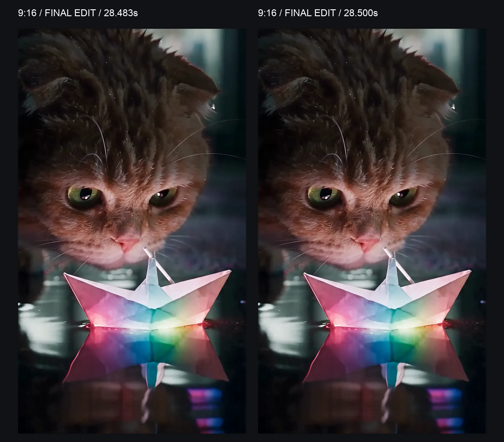 9:16 final seam comparison: frame at 28.483 seconds on the left and 28.500 seconds on the right; position and reflections change slightly.