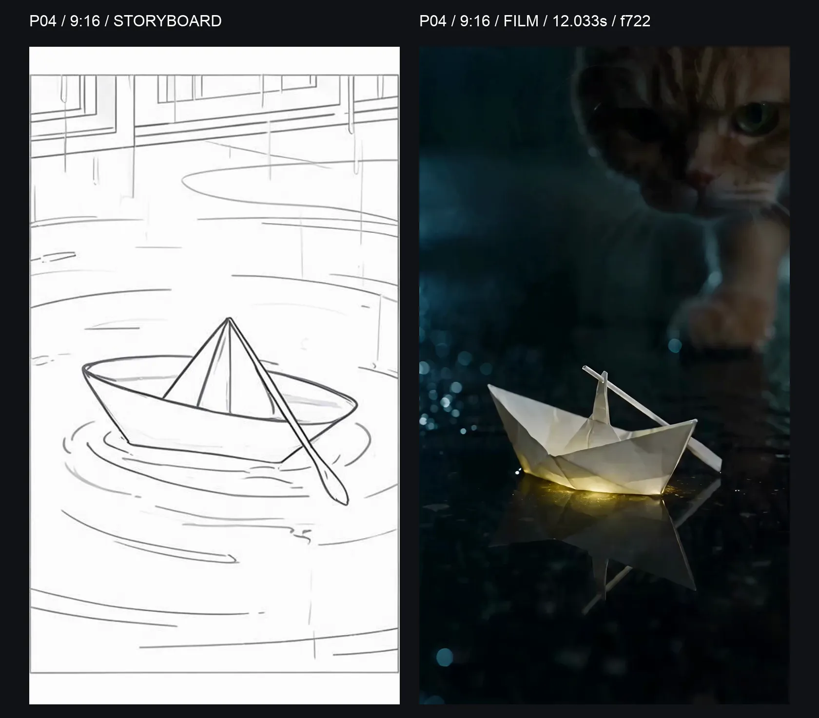 P04 9:16 comparison: storyboard on the left and final-film frame at 12.033 seconds on the right; the glowing boat is centred as the cat approaches from the edge.