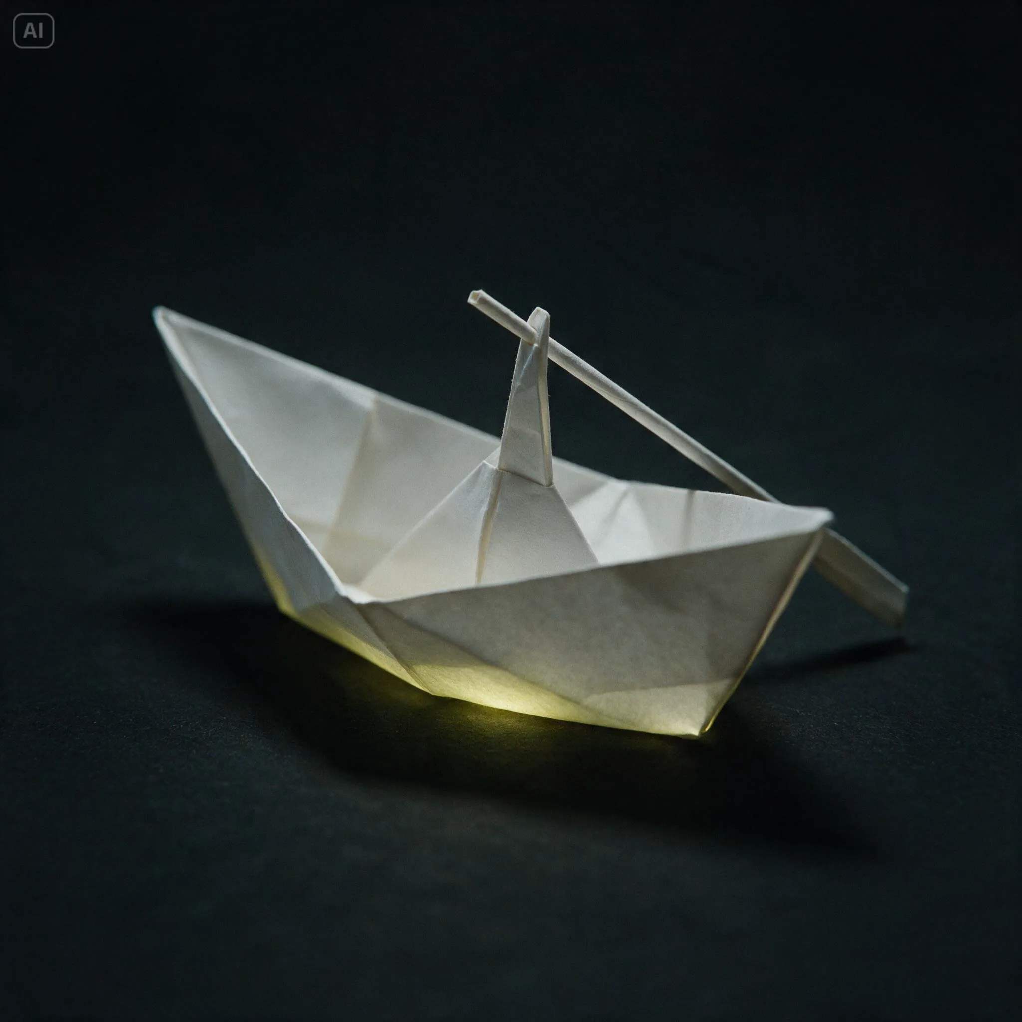 White folded-paper boat with a stern rack and long narrow oar.