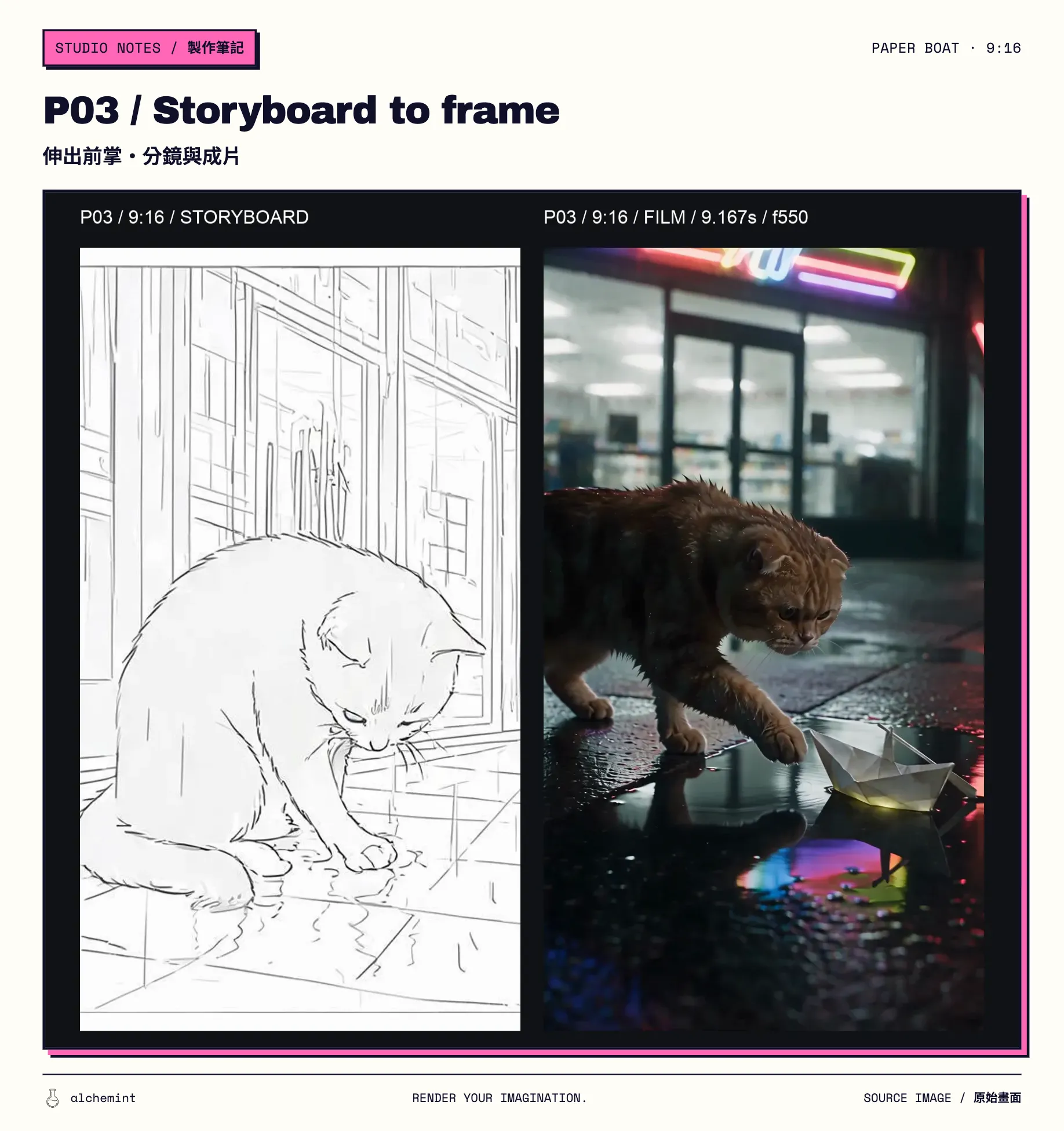P03 9:16 side-by-side comparison: storyboard on the left and the final-film frame at 9.167 seconds on the right; the cat extends a forepaw toward the boat in the puddle.