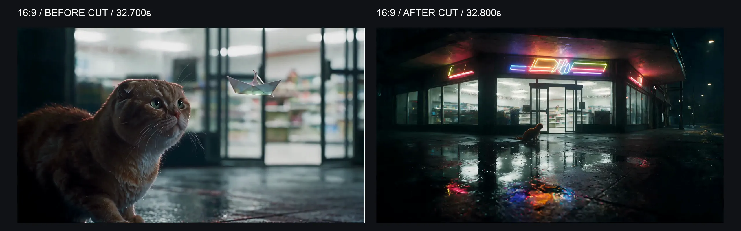 16:9 Desktop Act 3 cut comparison: 32.700 seconds remains close on cat and boat; 32.800 seconds jumps to the storefront extreme wide.