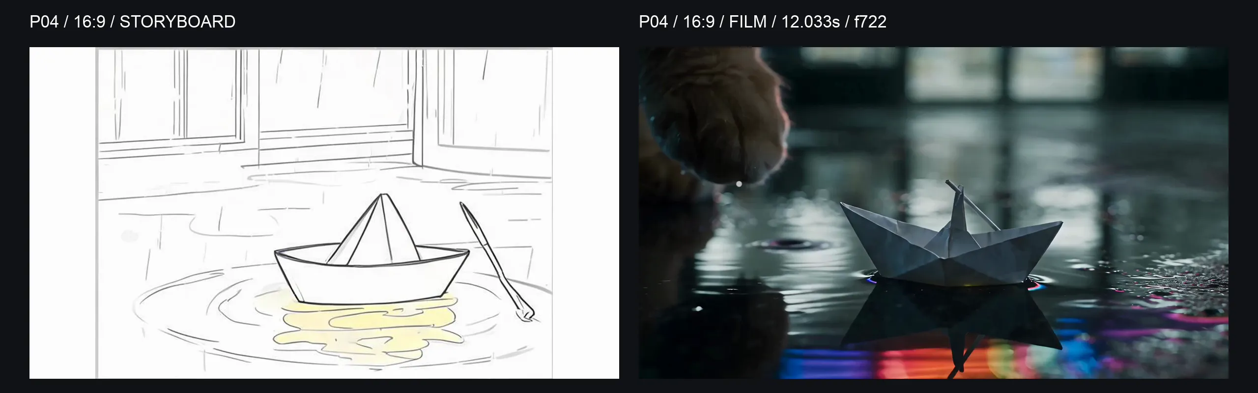 P04 16:9 comparison: storyboard on the left and final-film frame at 12.033 seconds on the right; the paper boat sits in the neon puddle.