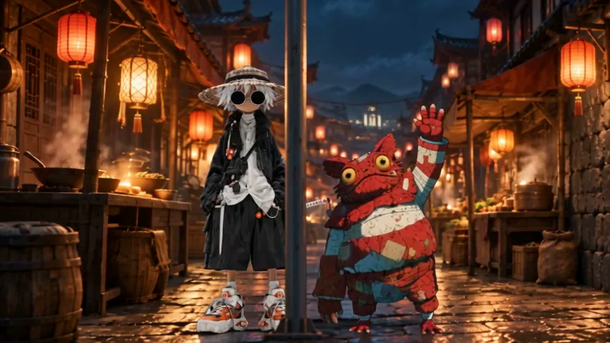 神獸叼著盒子飛離屋頂，畫面在屋頂、車站廣場與夜市街口之間快速切換，各地的人都抬頭望天，最後神獸消失在雲裡。