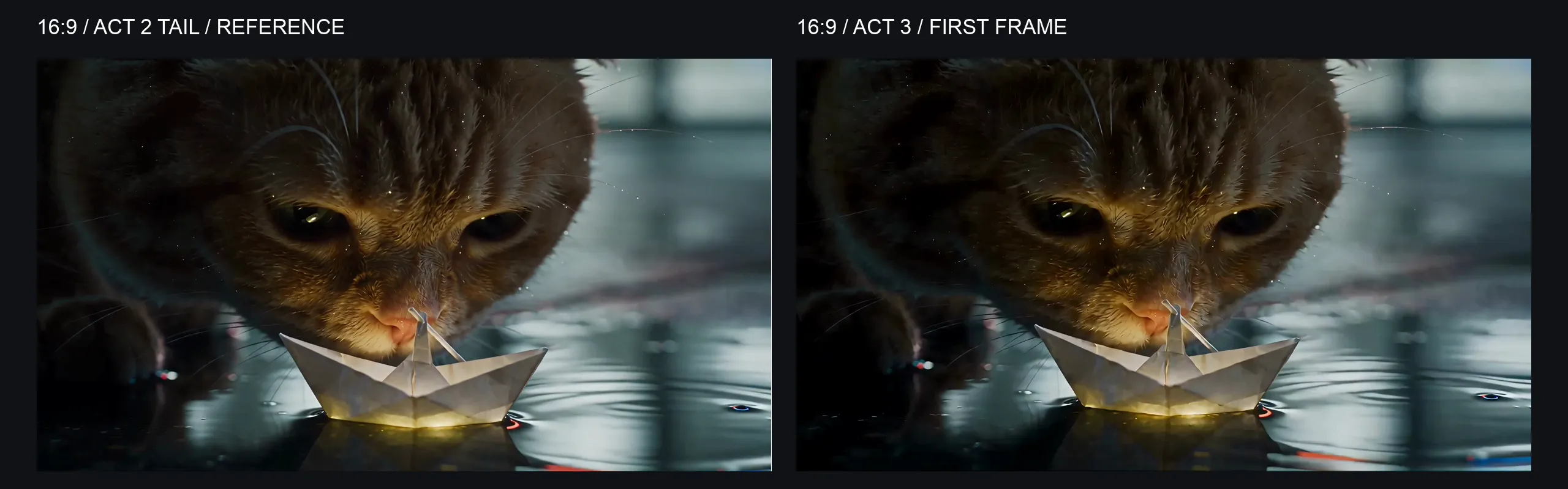 16:9 generation handoff: Act 2 tail frame and first-frame reference on the left, first decoded Act 3 frame on the right; whiskers, boat edge and water reflections shift slightly.