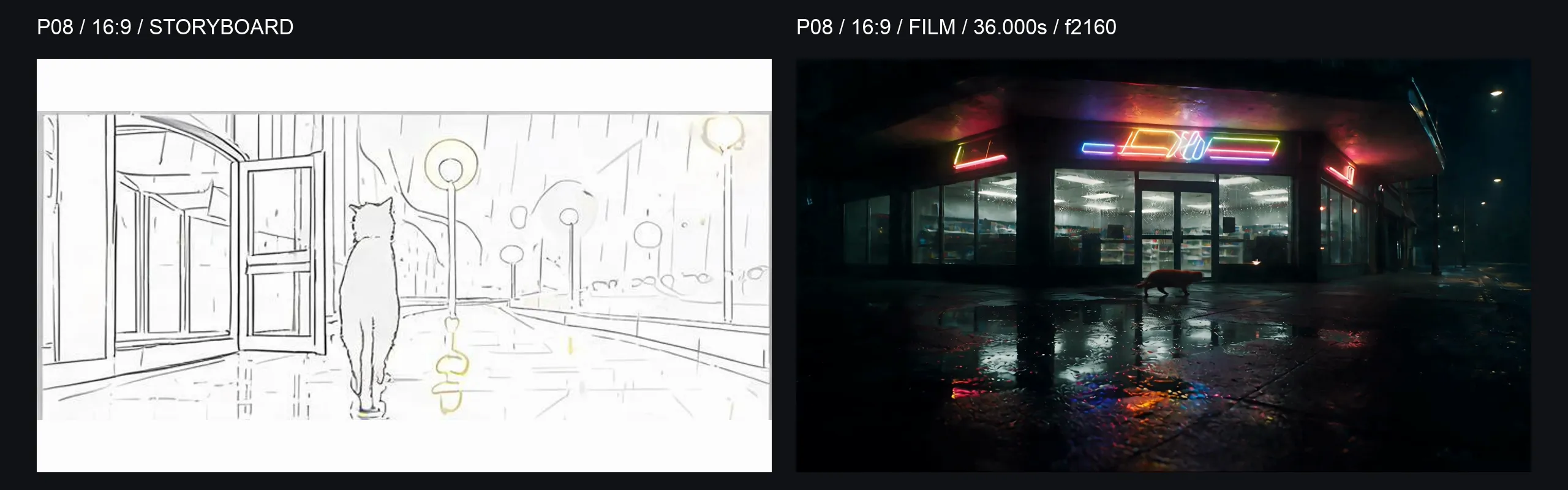 P08 16:9 comparison: storyboard on the left and final-film frame at 36.000 seconds on the right; cat and boat leave laterally across the storefront wide shot.