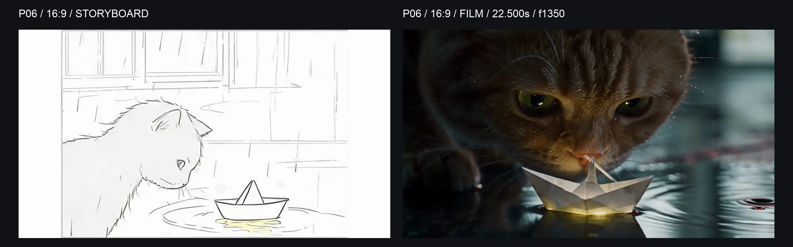 P06 16:9 comparison: storyboard on the left and final-film frame at 22.500 seconds on the right; the cat’s nose faces the glowing boat and reflection.