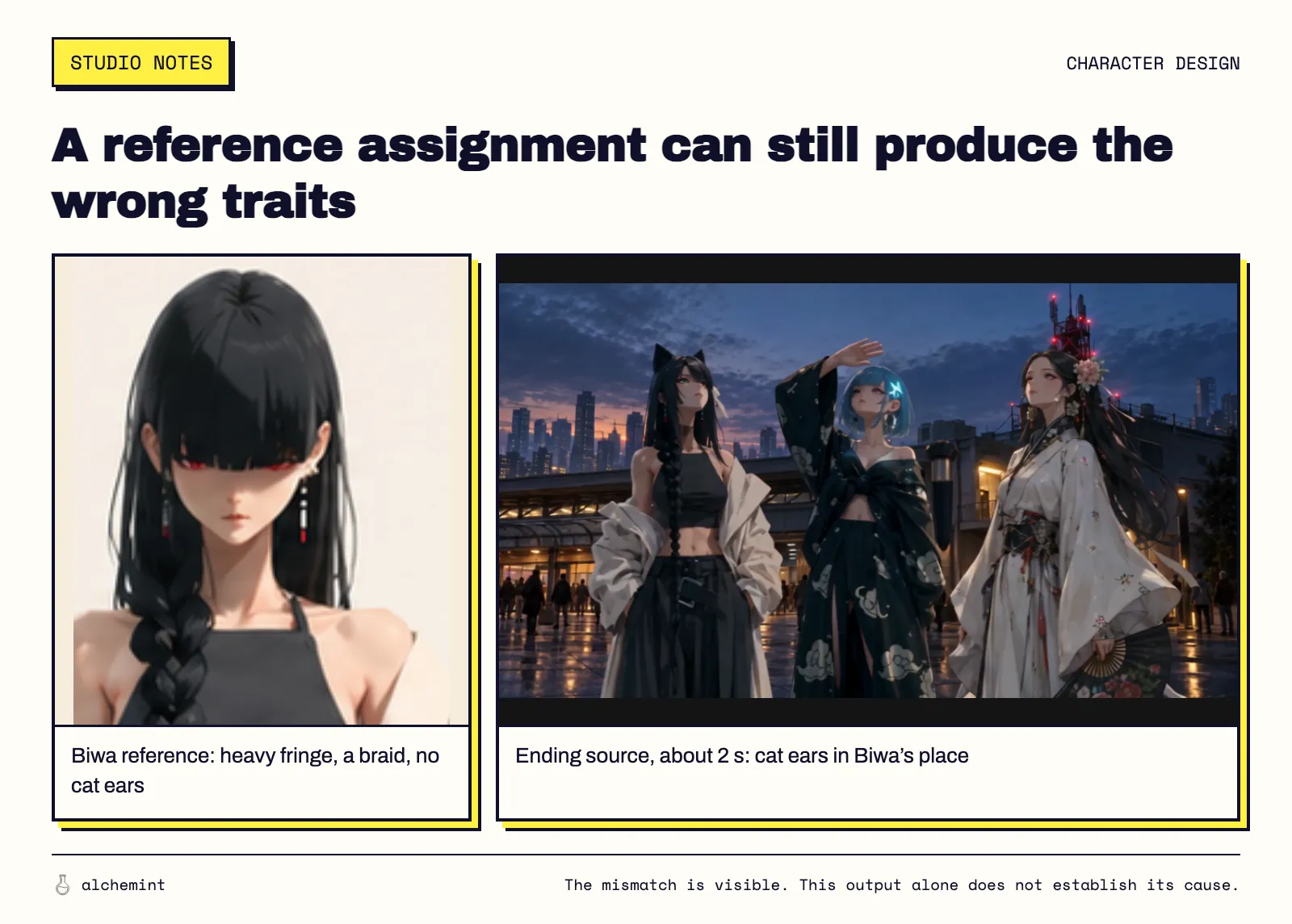 Biwa’s reference head, with a heavy fringe and no cat ears, beside an ending frame whose leftmost character has cat ears.