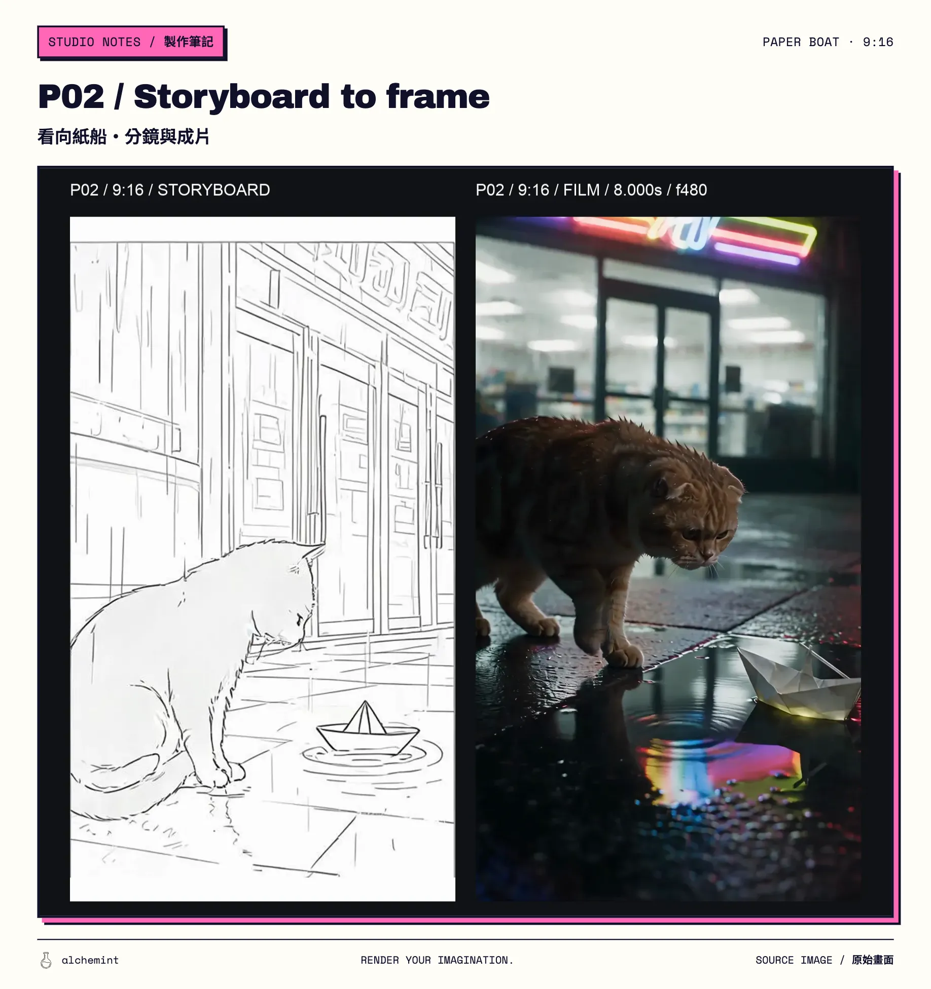 P02 9:16 side-by-side comparison: storyboard on the left and the final-film frame at 8.000 seconds on the right; the cat and boat preserve the storyboard relationship.