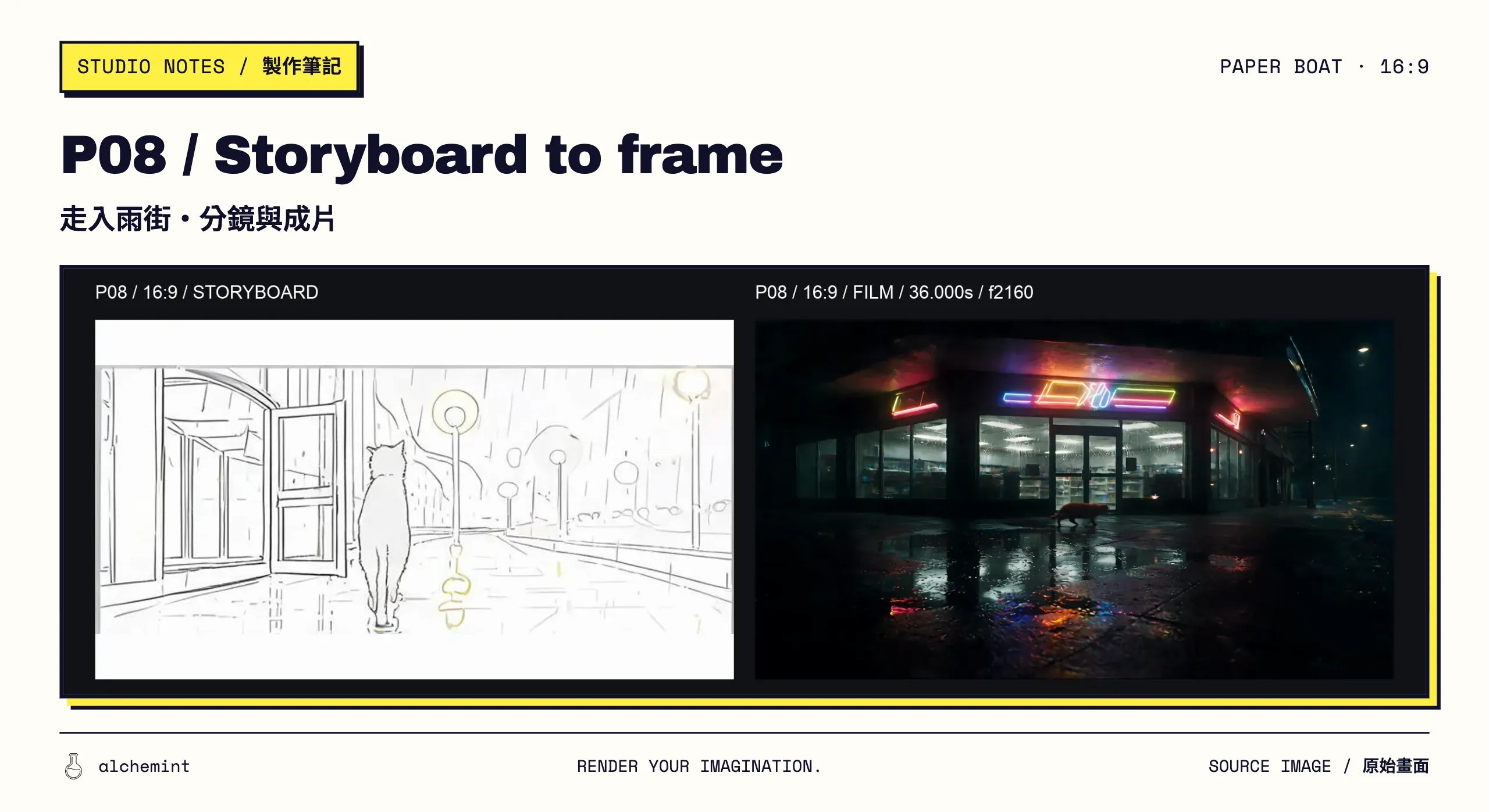 P08 16:9 comparison: storyboard on the left and final-film frame at 36.000 seconds on the right; cat and boat leave laterally across the storefront wide shot.