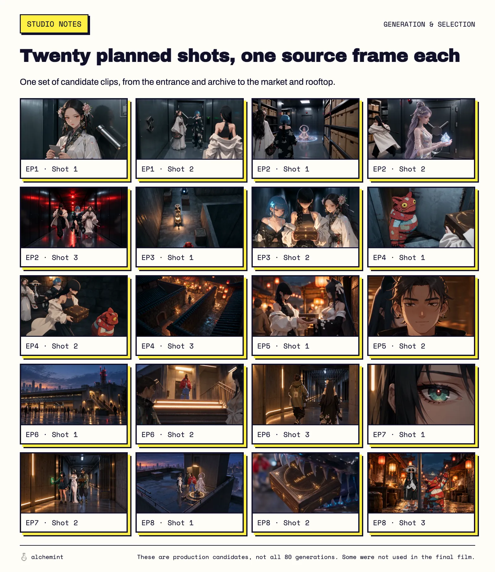One frame from each of twenty planned shots, spanning the entrance, archive, cargo corridor, tunnel, market and rooftop.