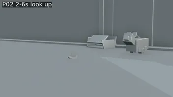P02 Blender blockout: the cat looks up towards the distant paper boat.