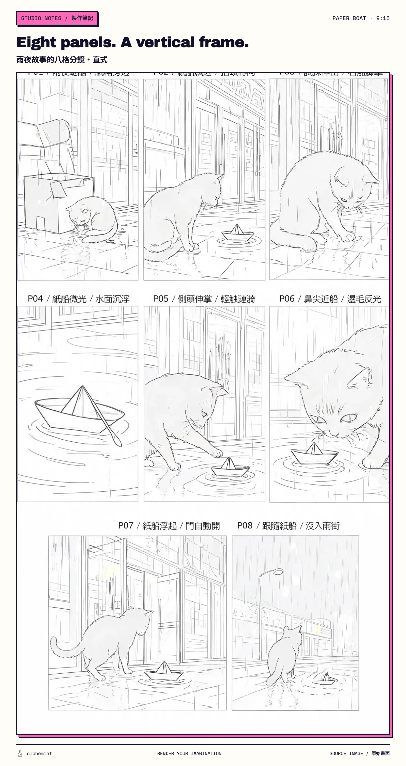 Portrait eight-panel storyboard showing the cat beside the ruined box, the boat approaching and glowing, the cat testing the water, the boat lifting and both subjects leaving for the rainy street.