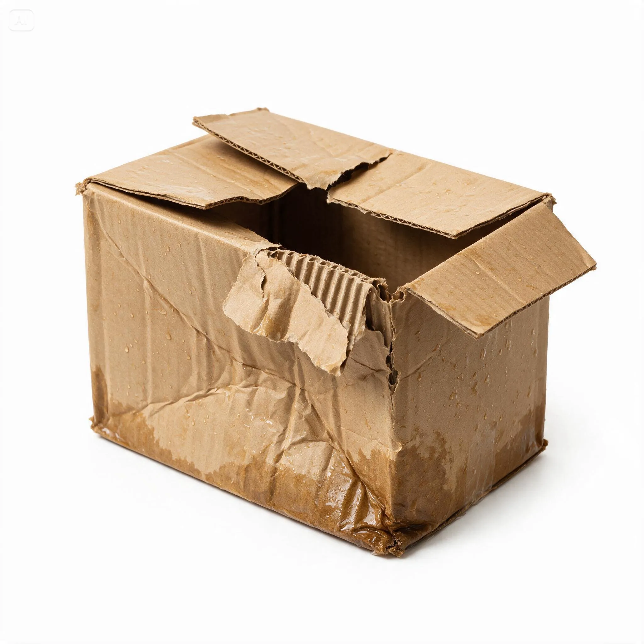 Damaged corrugated box with open flaps, torn corners and a partially collapsed side.